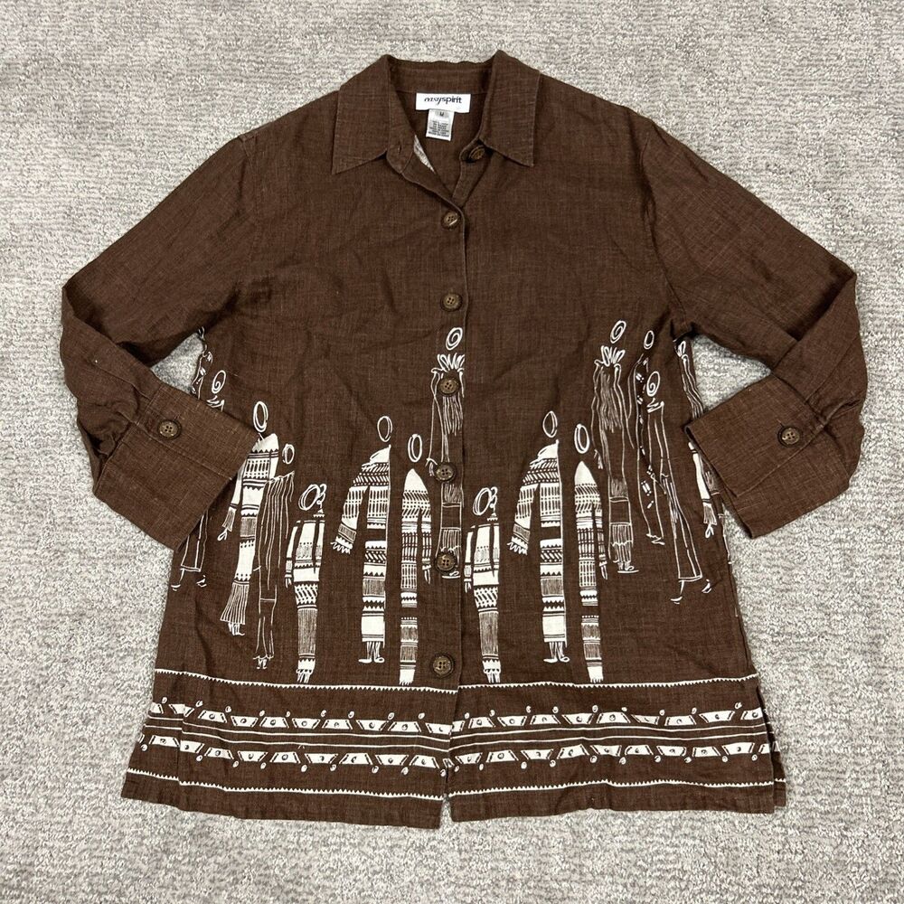 Easy Spirit Shirt Womens Medium Brown Linen Button Front Graphic Art Casual Top